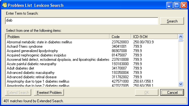 This screen capture shows the Problem List search dialog with the Freetext button visible.