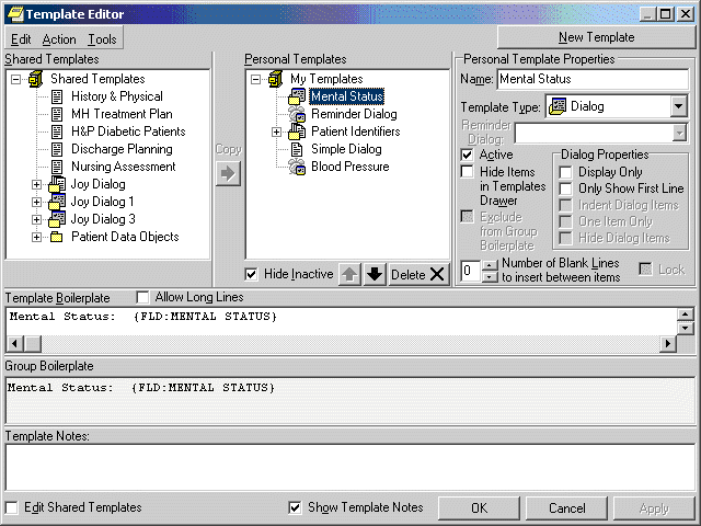 This screen capture shows the Template Editor dialog.