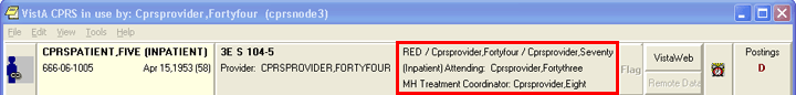 This screen capture shows the top of the CPRS window with the Primary Care team button showing the various people assigned to an inpatient.