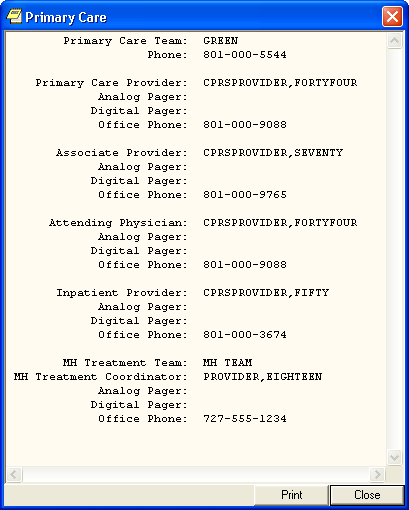 The Primary Care dialog showing the details of team members assigned to the patient's primary care team.